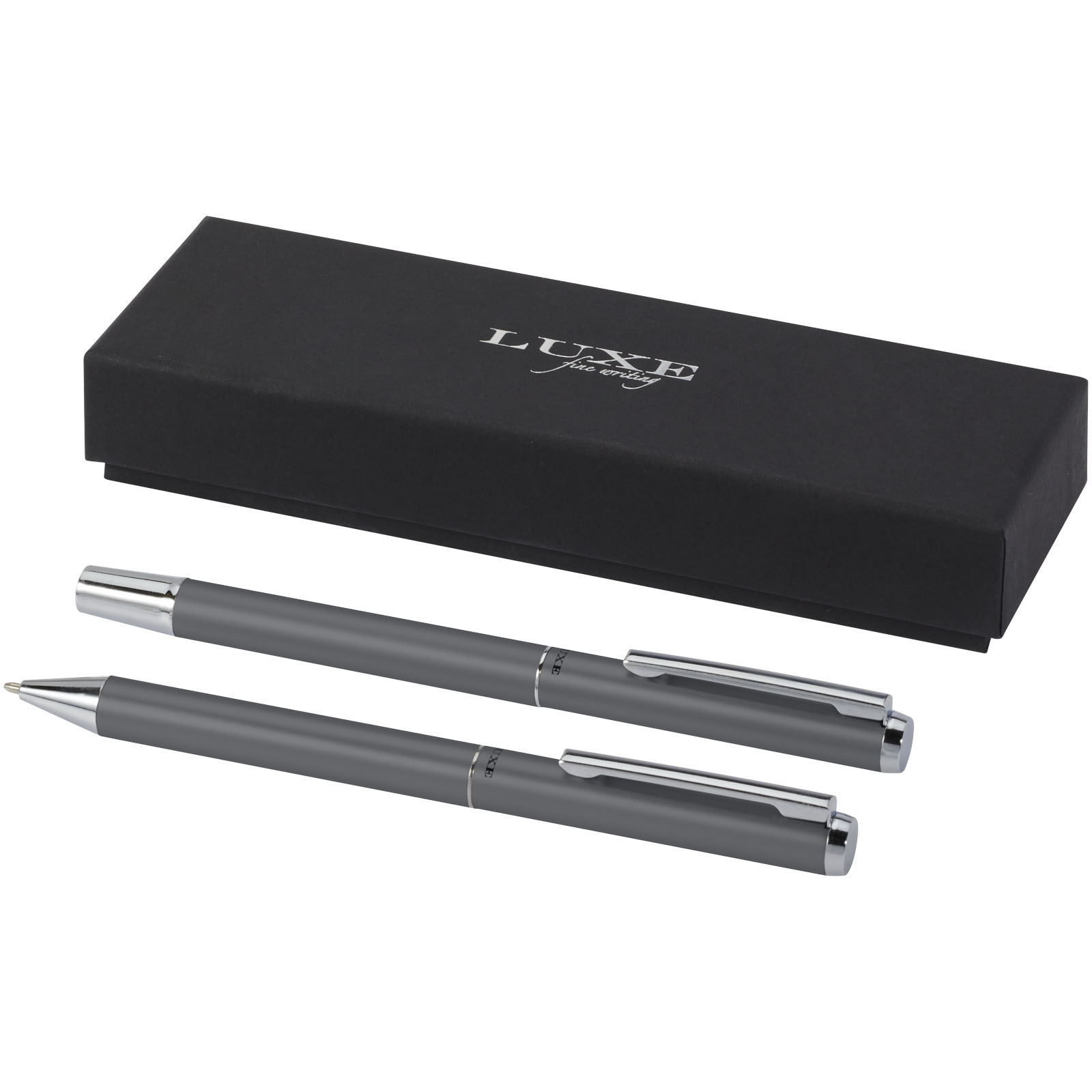 Lucetto presentförpackning med kulspetspenna och rollerballpenna i återvunnen aluminium (svart bläck