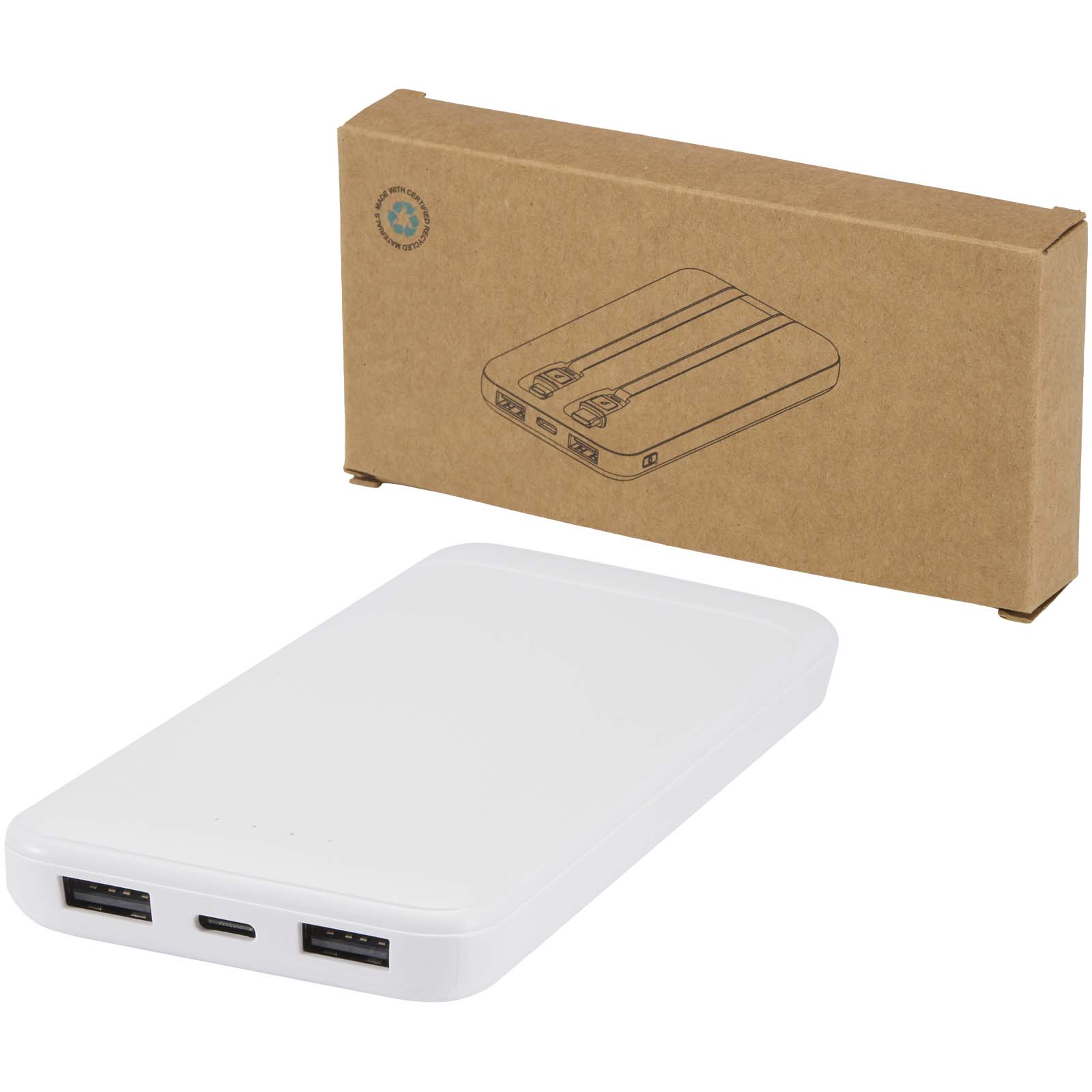 Adhil 10 000 mAh 10 W powerbank av återvunnen plast med två inbyggda kablar